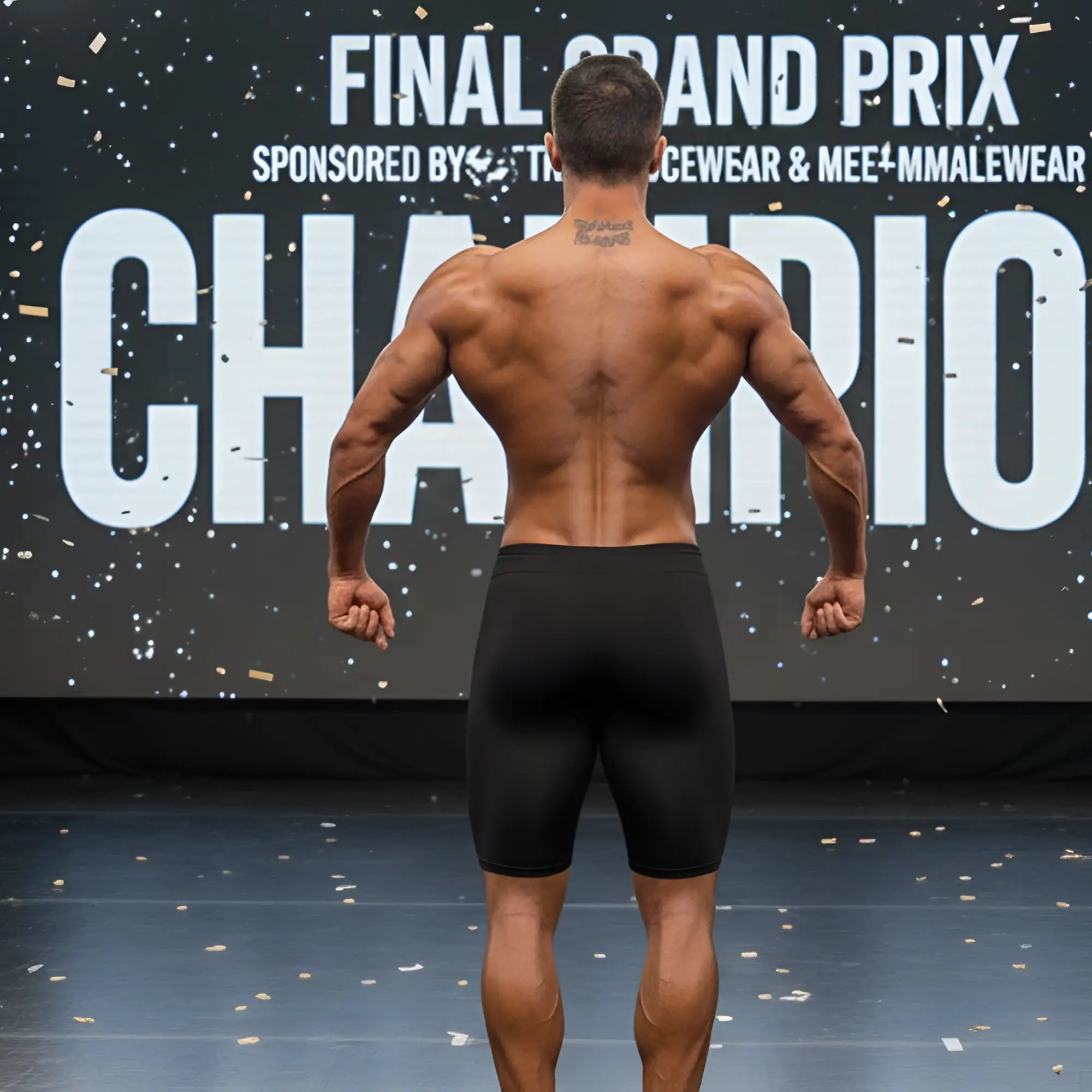 A muscular man shows the back of black MetroMaleWear MetroMuscleWear Cafe Physique board shorts with defined fit
