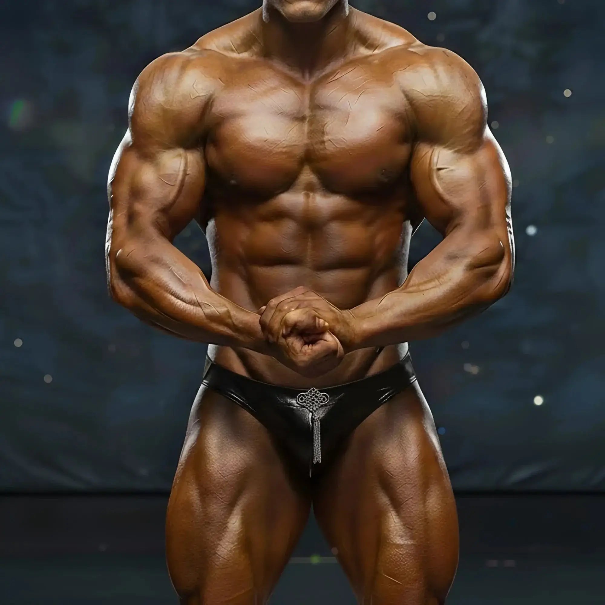 Black leather briefs with silver keyhole design from MetroMaleWear MetroMuscleWear competition suit black 4974-20