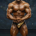 A muscular man wearing black and gold MetroMaleWear MetroMuscleWear competition briefs for bodybuilding events