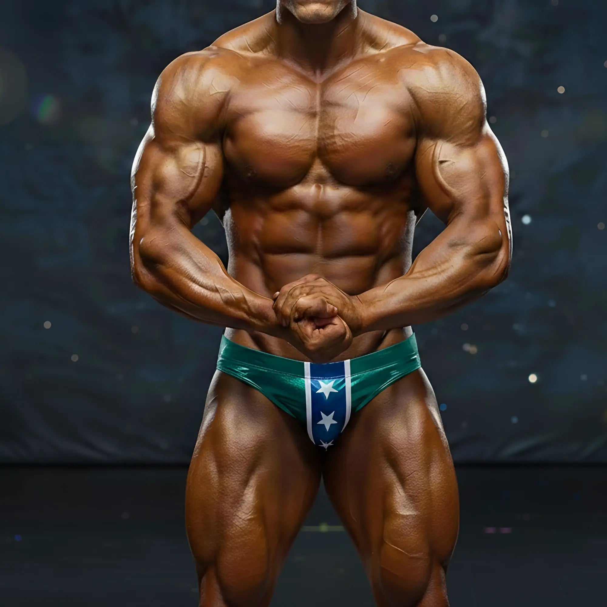 Teal and white star-patterned competitive bodybuilding briefs from MetroMaleWear MetroMuscleWear competition suit