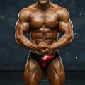 A muscular bodybuilder wearing metroMalewear metroMuscleWear competition suit red briefs with shiny metallic-red accent
