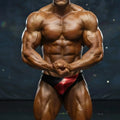 A muscular bodybuilder wearing metroMalewear metroMuscleWear competition suit red briefs with shiny metallic-red accent