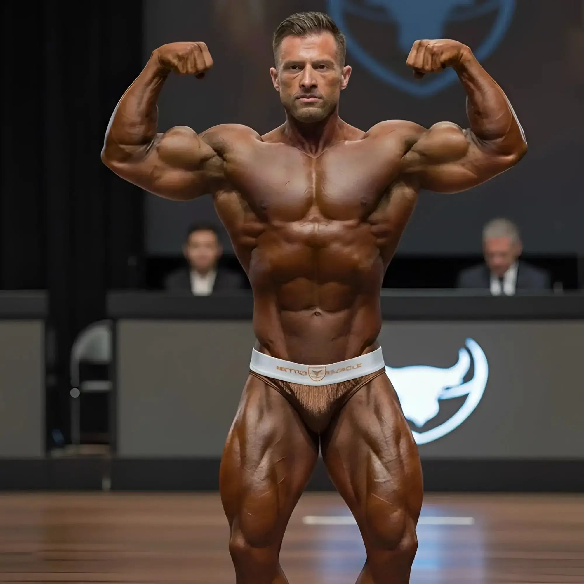 A muscular man wearing white and gold patterned MetroMaleWear Muscle Trunk bronze briefs with muscle branding