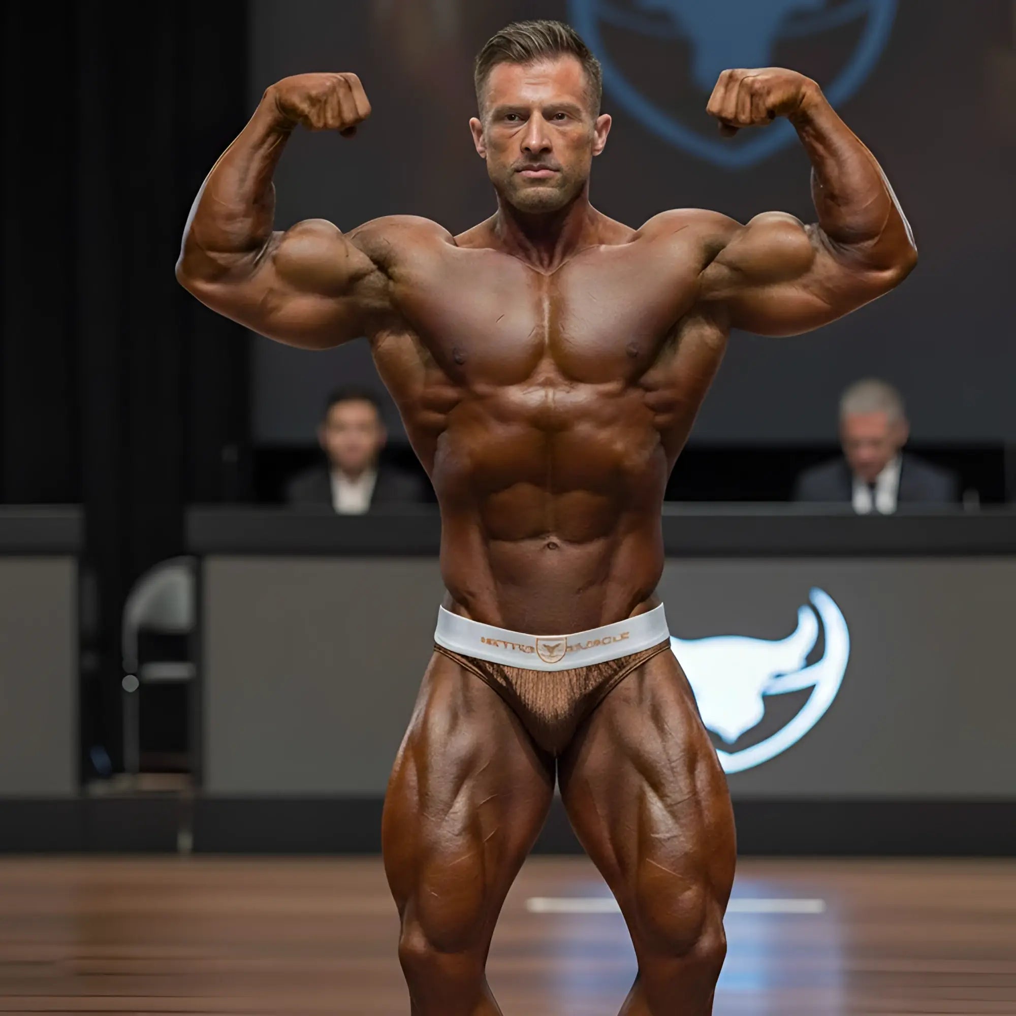 A muscular man wearing white and gold patterned MetroMaleWear Muscle Trunk bronze briefs with muscle branding