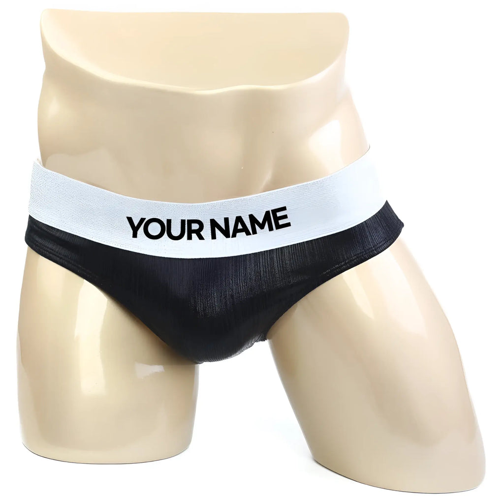 Black mesh briefs with white elastic waistband featuring your name text by metromalewear metromusclewear diy competition suit