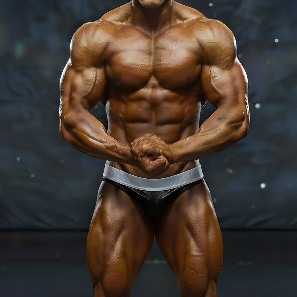 A muscular male bodybuilder wearing black and silver MetroMaleWear DIY competition briefs for muscle contests