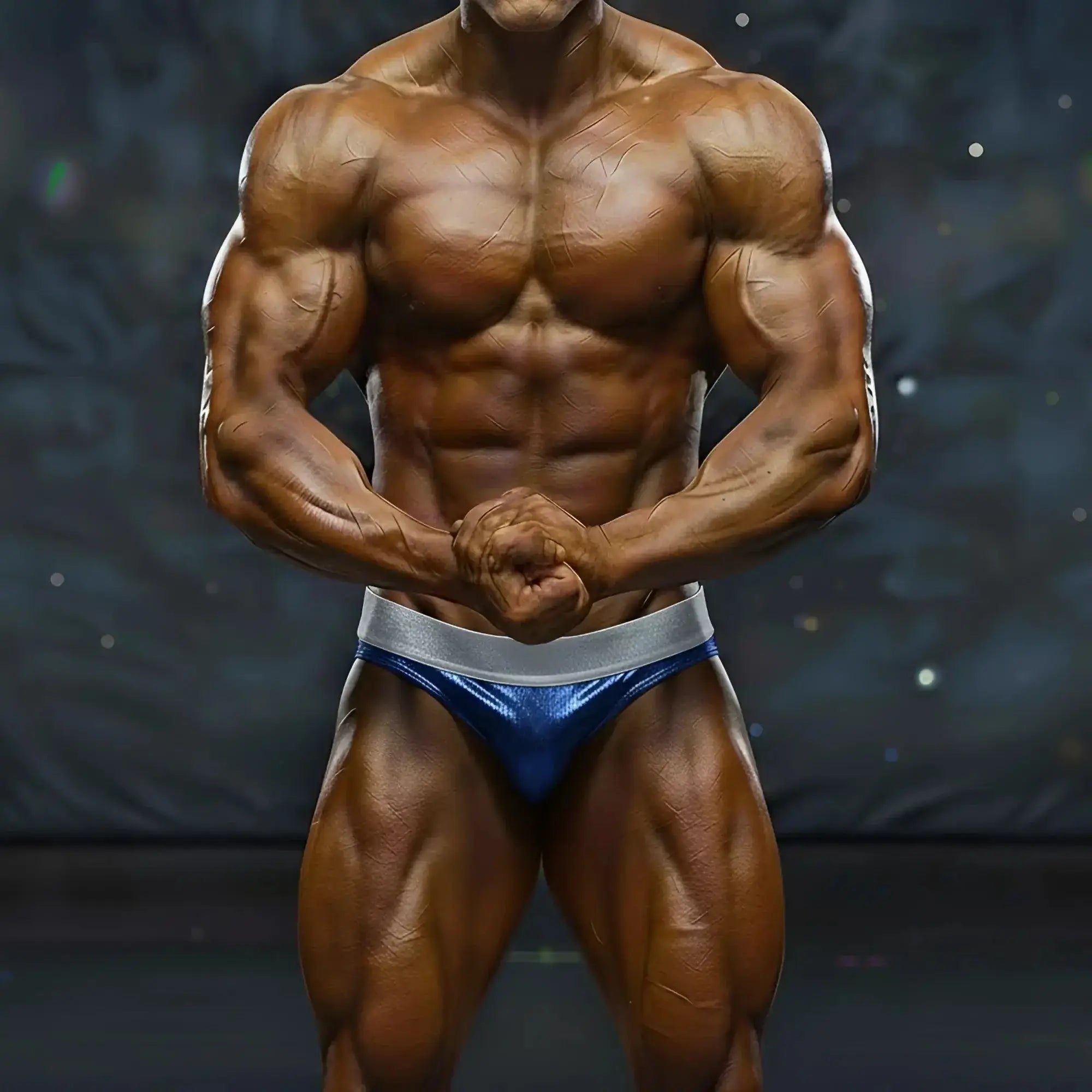 Shiny blue and silver form-fitting athletic briefs by metromalewear metro musclewear for competition use