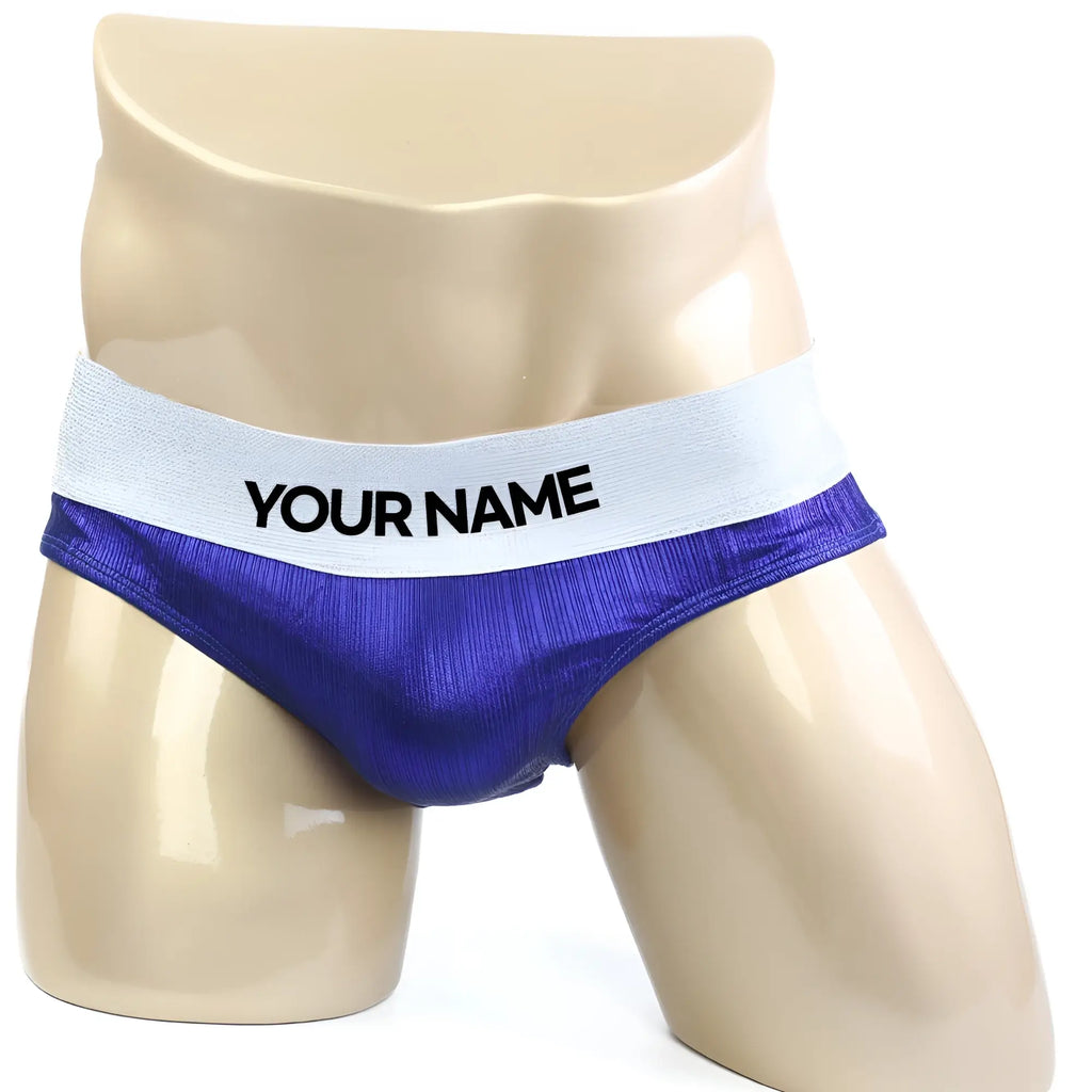 Purple textured briefs with a white waistband featuring your name by MetroMaleWear for DIY competition use