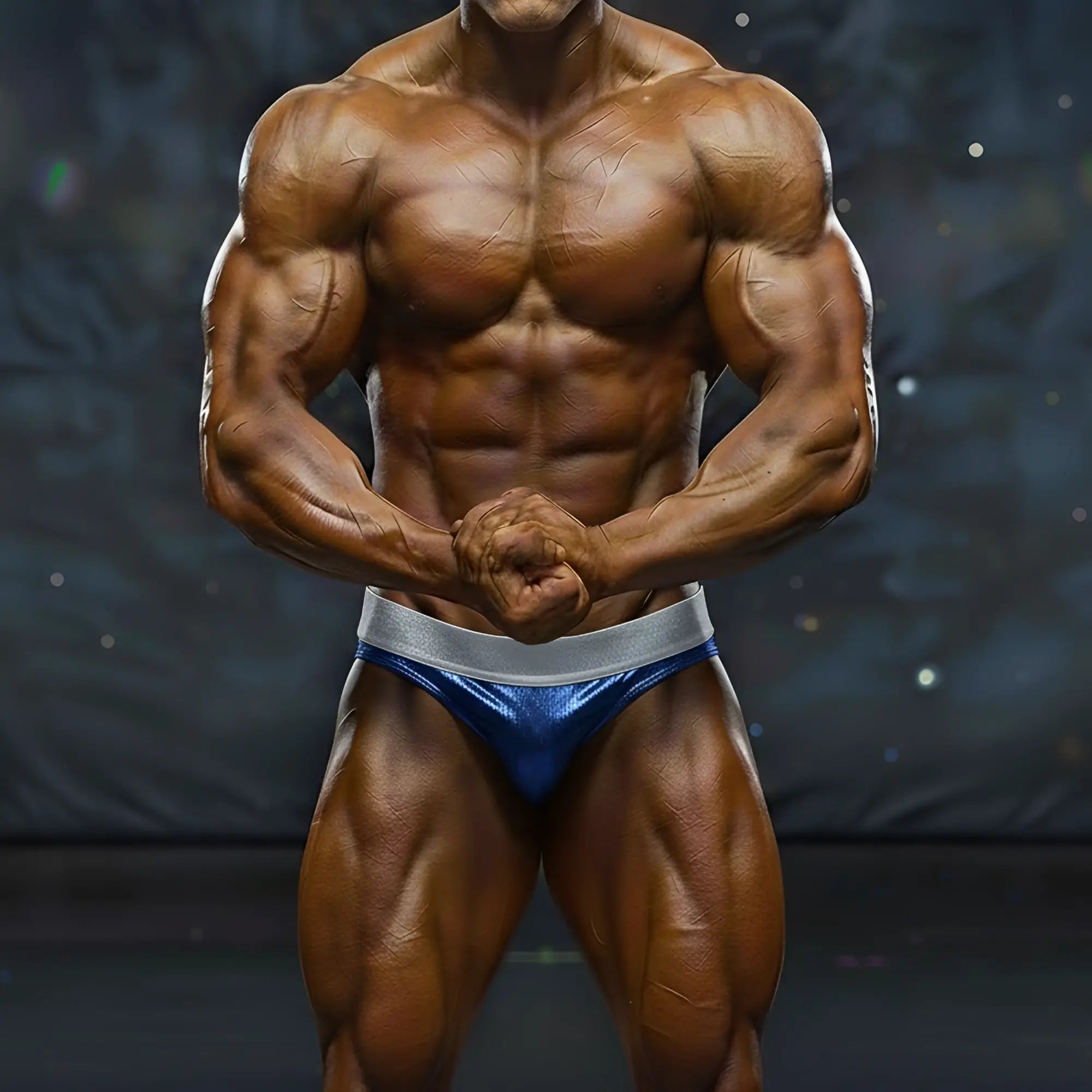 Shiny blue and silver form-fitting athletic briefs by metromalewear metro musclewear for competition use