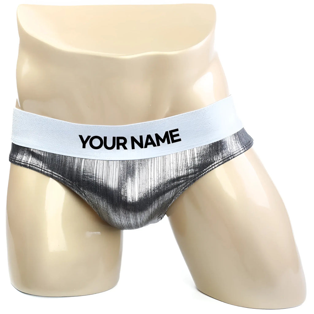 Silver metallic textured briefs with white elastic waistband featuring your name in black by metromalewear metro musclewear