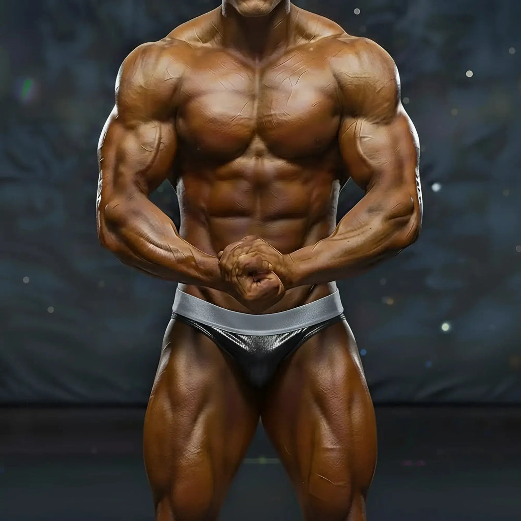 Shiny silver metallic briefs with sleek form-fitting design from MetroMaleWear MetroMuscleWear DIY Competition Suit