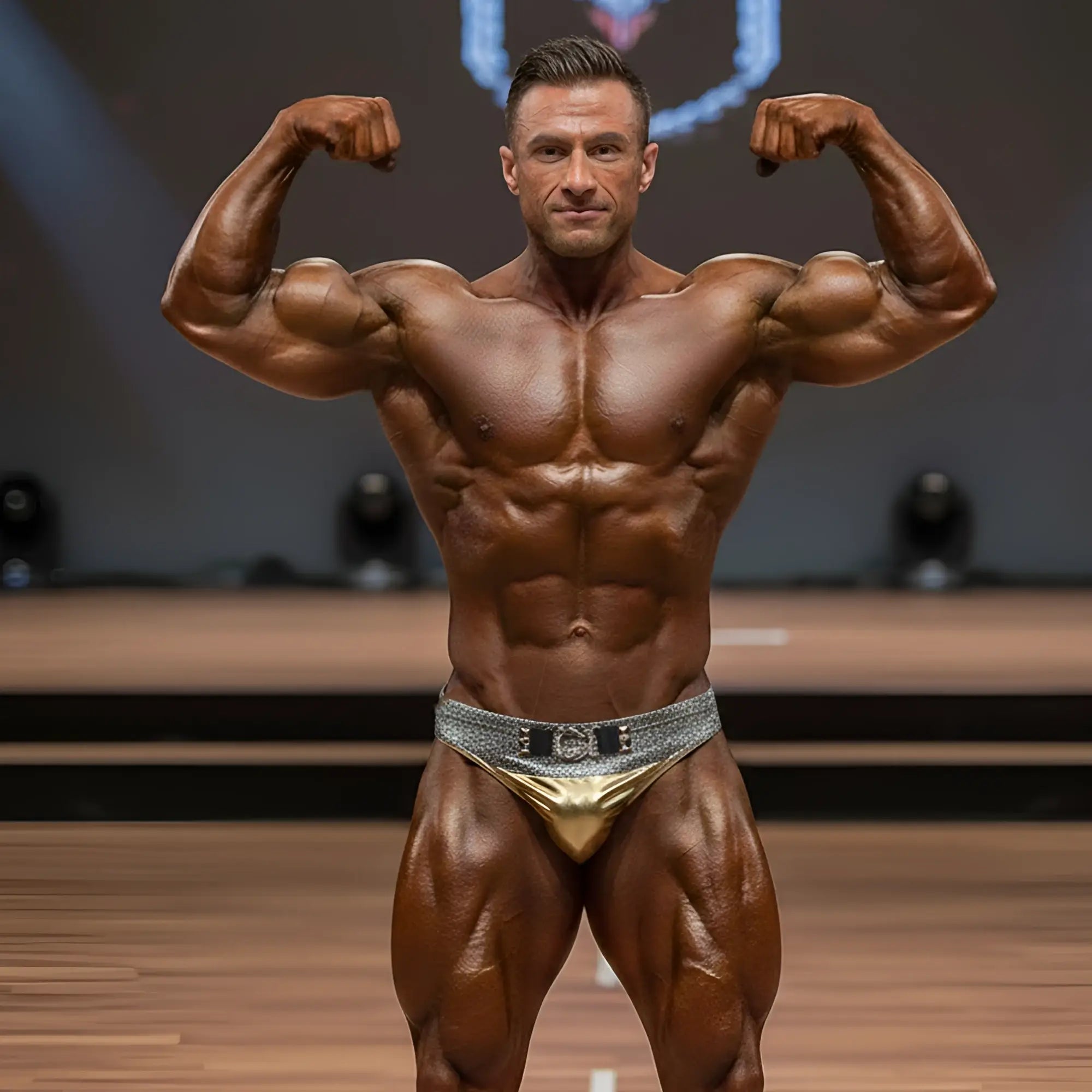 Gold and silver metallic bodybuilding briefs with a textured glittery waistband from MetroMaleWear MetroMuscleWear Elia Muscle Trunk