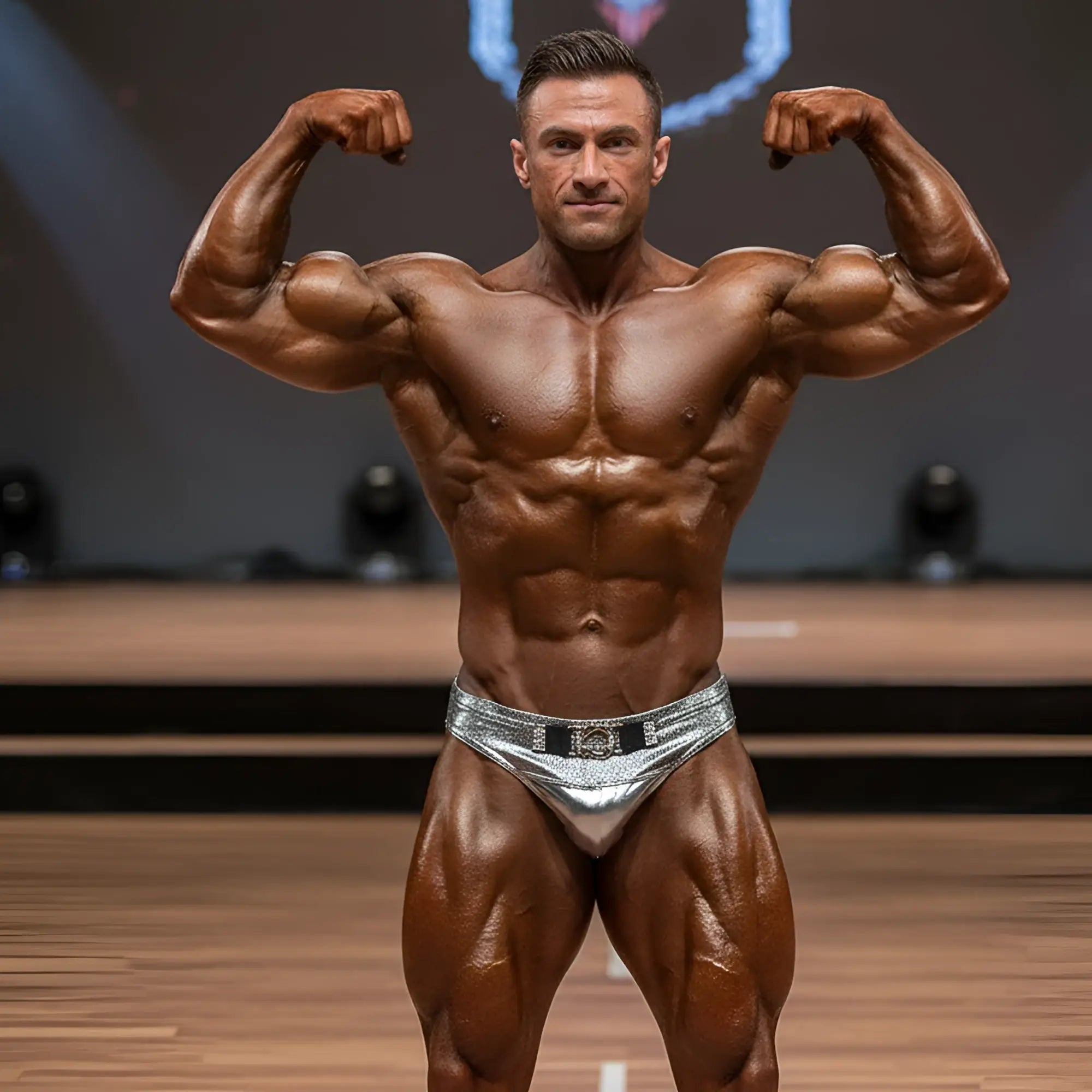 A muscular man wearing shiny silver metroMuscleWear Elia muscle trunk briefs with a black belt and decorative buckle