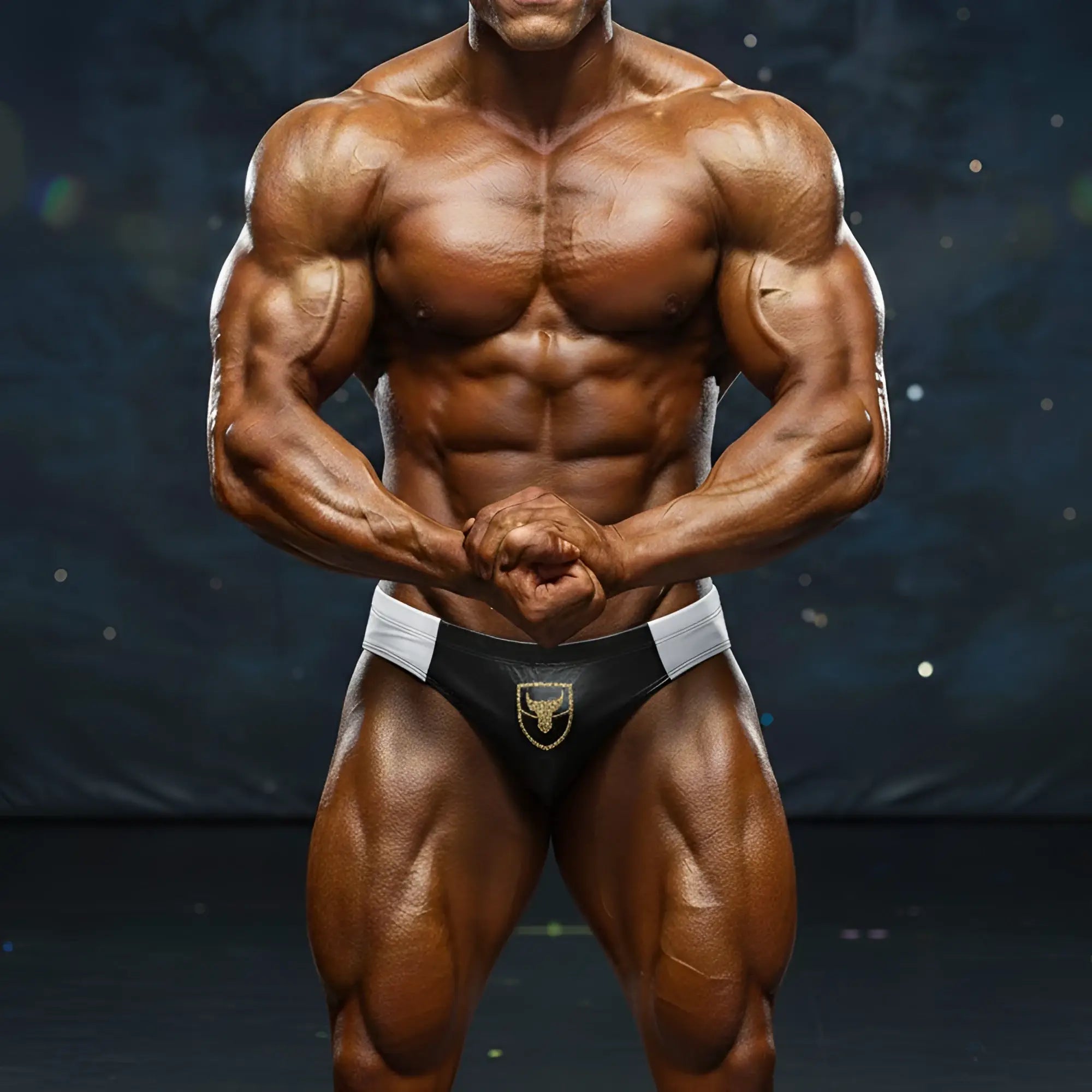 Black and white athletic briefs with gold bull emblem from metromalewear ethan competition suit 4974-01