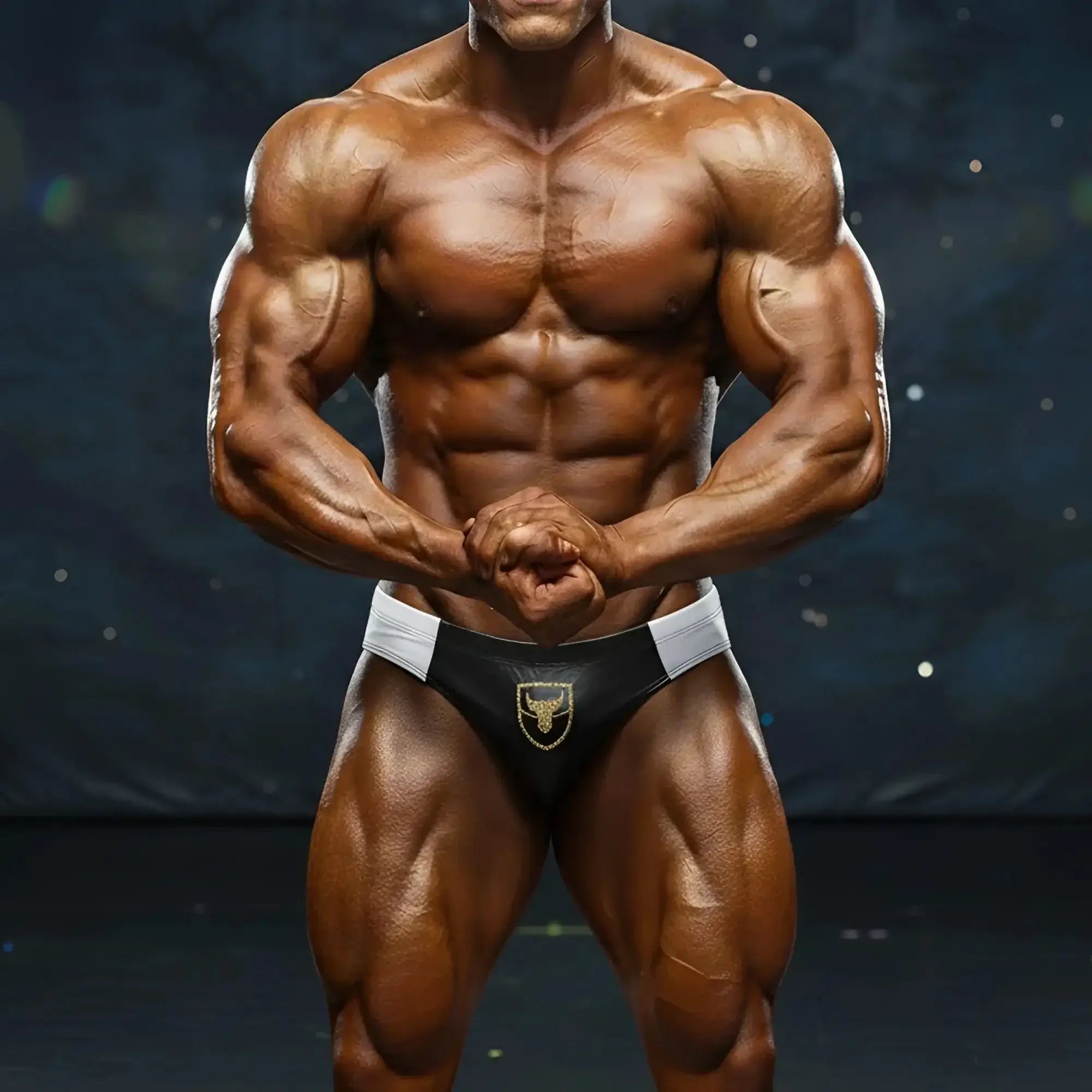 Black and white athletic briefs with gold bull emblem from metromalewear ethan competition suit 4974-01