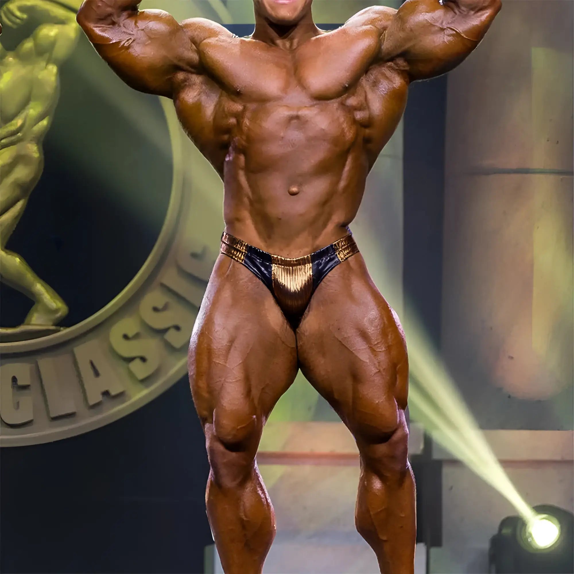A muscular bodybuilder wearing black and gold textured metallic MetroMaleWear MetroMuscleWear Fortuna competition briefs