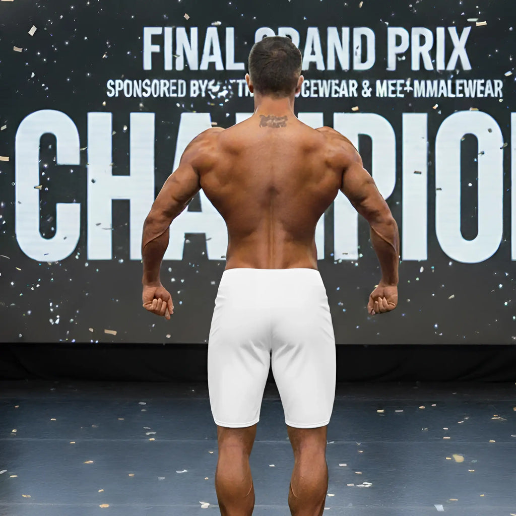 A muscular man seen from the back wearing white MetroMaleWear MetroMuscleWear gold physique board shorts 4716-23