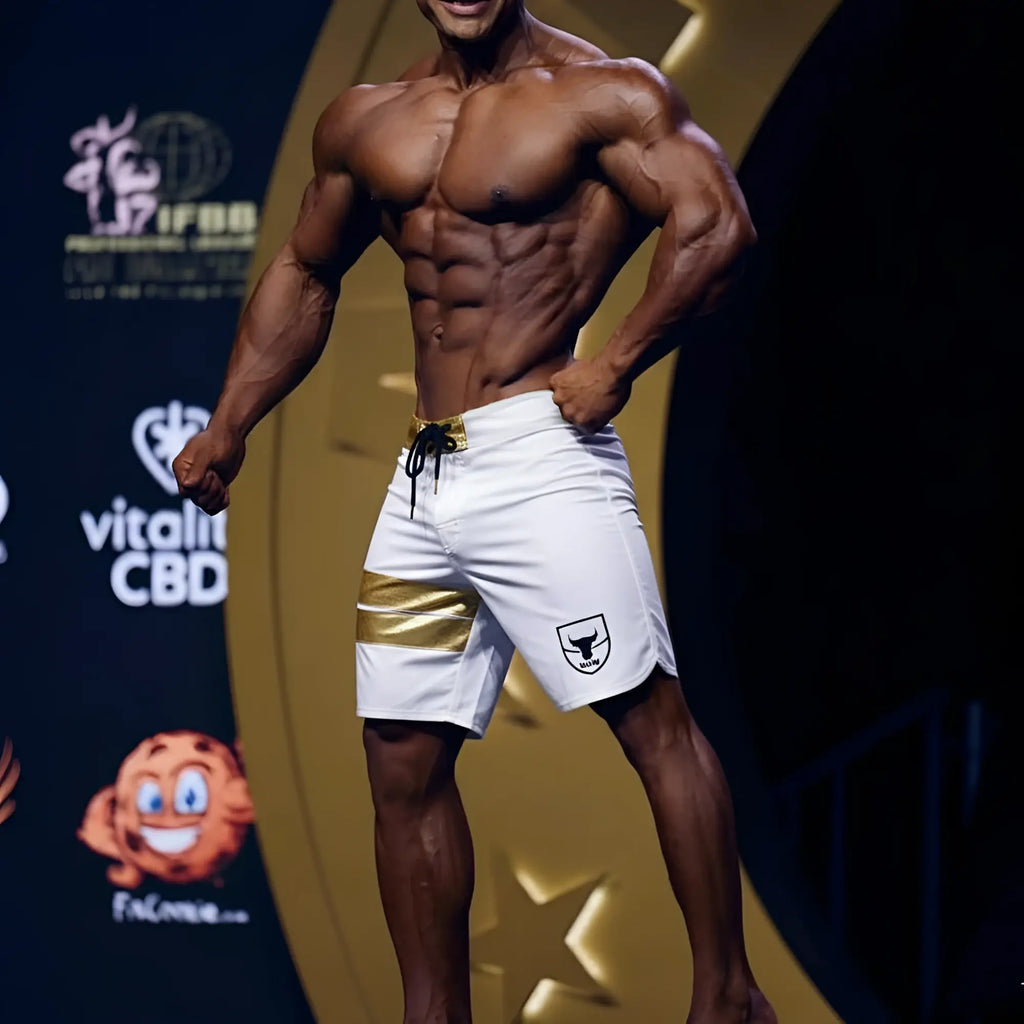 White athletic shorts with gold stripe black drawstring and shield logo metroMalewear gold physique board short