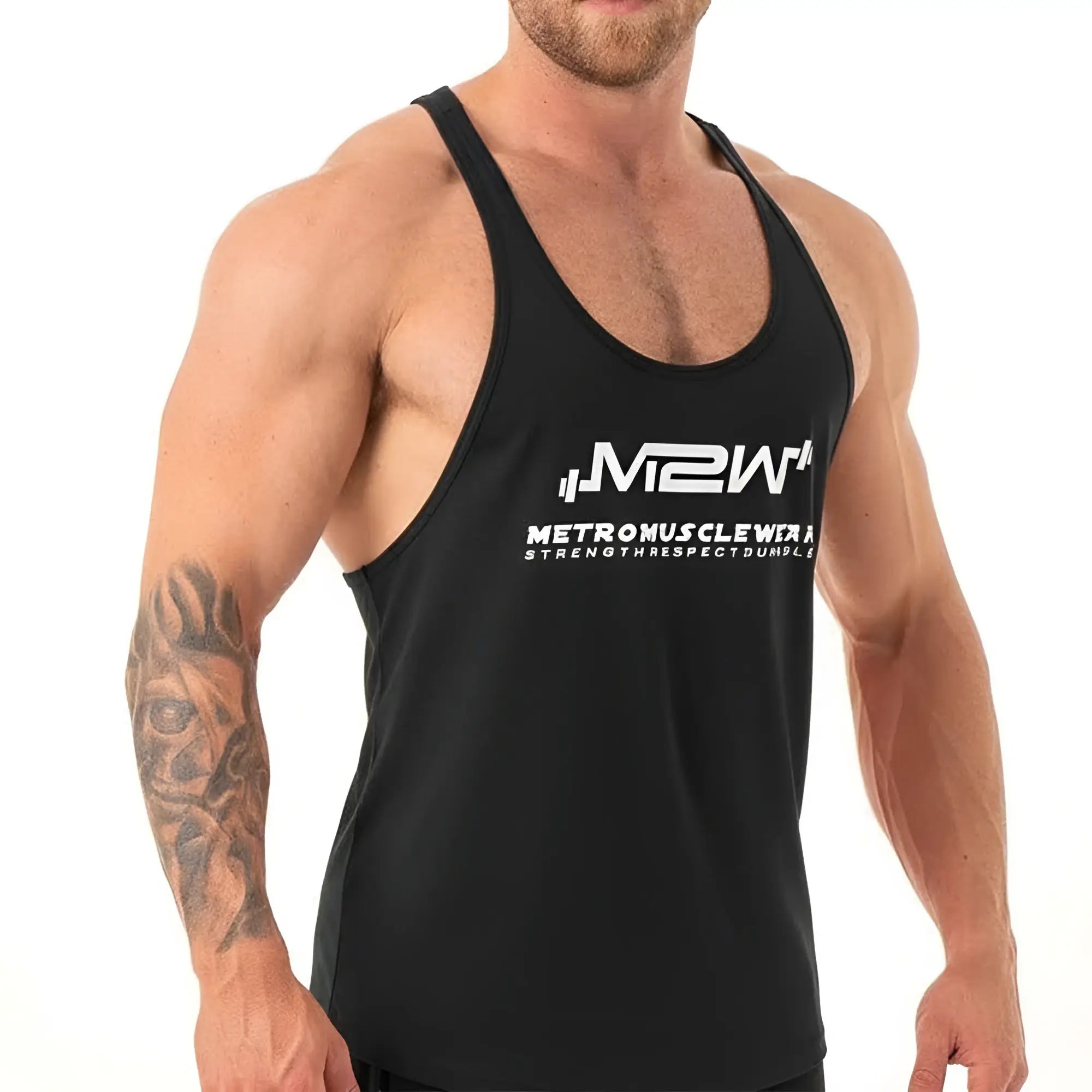 Black MetroMaleWear MetroMuscleWear gym tank top m2w with white logo and text designed for workout use