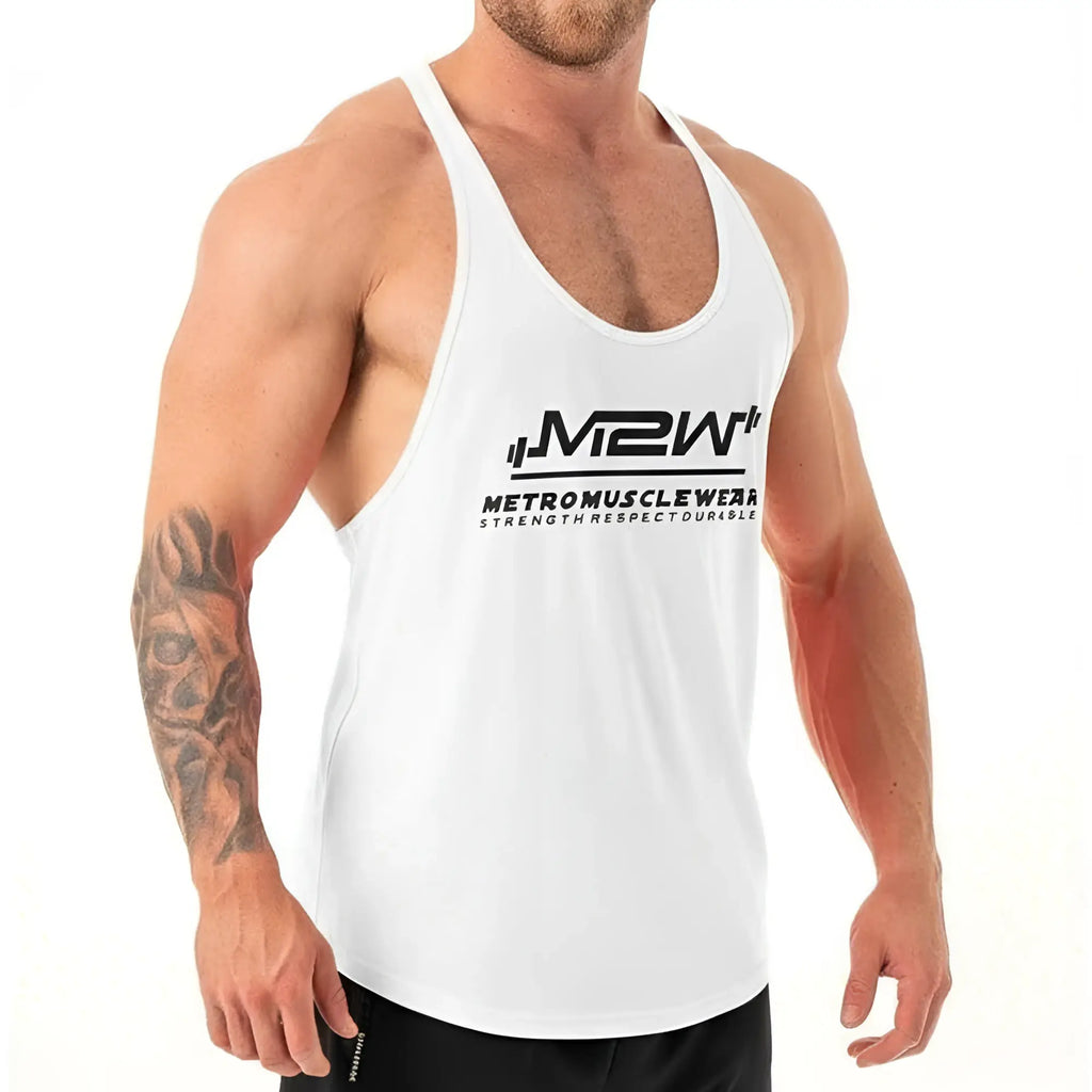 White gym tank top with black m2w logo and text metromusclewear strength respect durable by MetroMaleWear