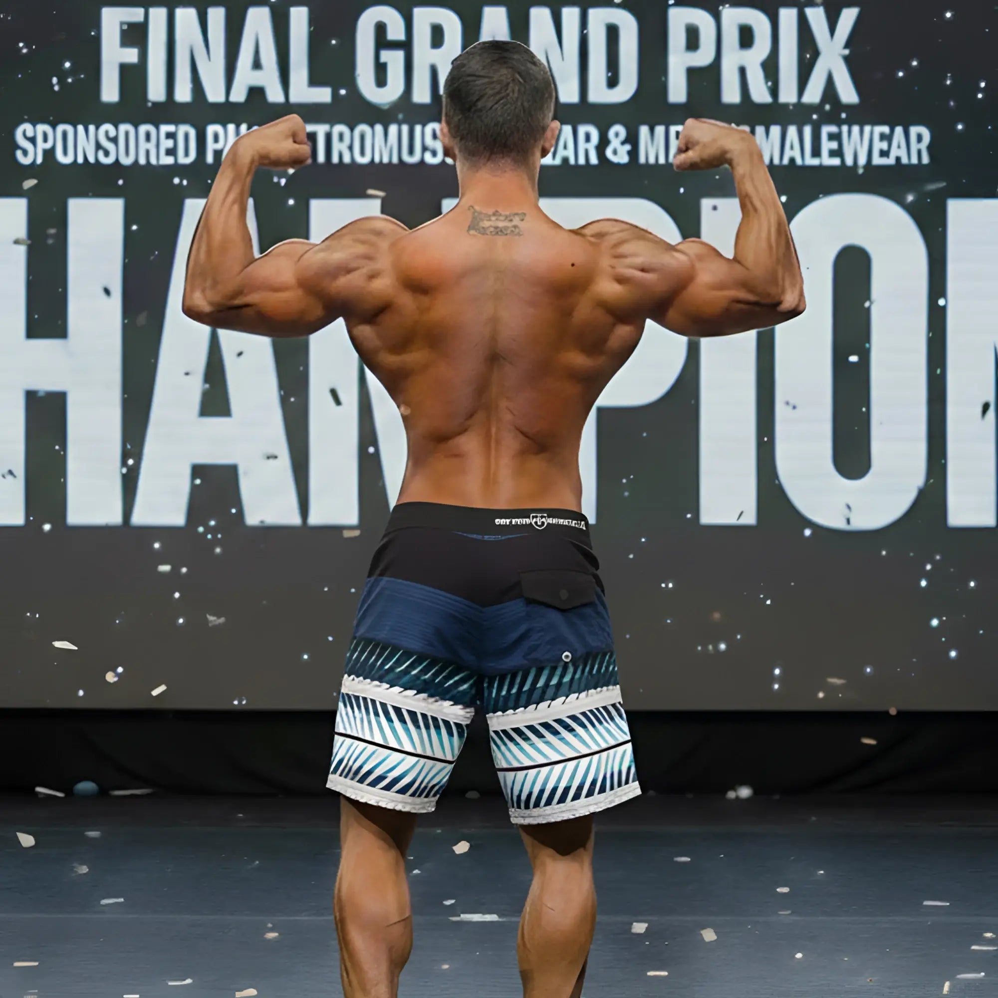 Blue and white patterned MetroMaleWear MetroMuscleWear Harvest Physique board short with black waistband swim trunks