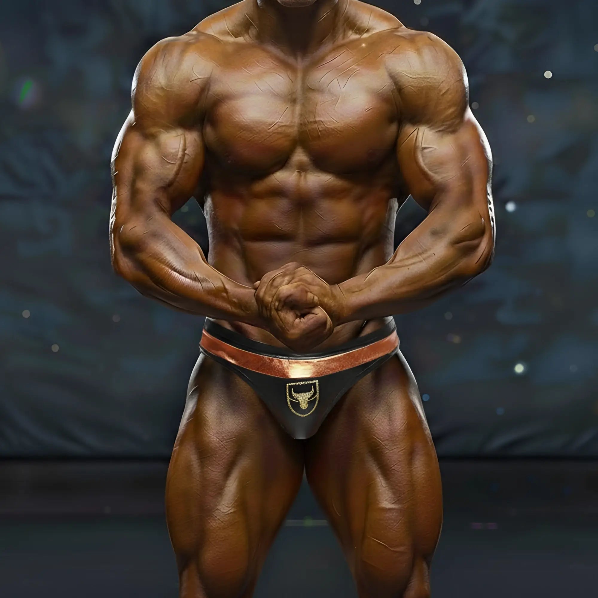 Black and copper trimmed bodybuilding briefs with gold bull emblem from metromalewear hudson competition suit