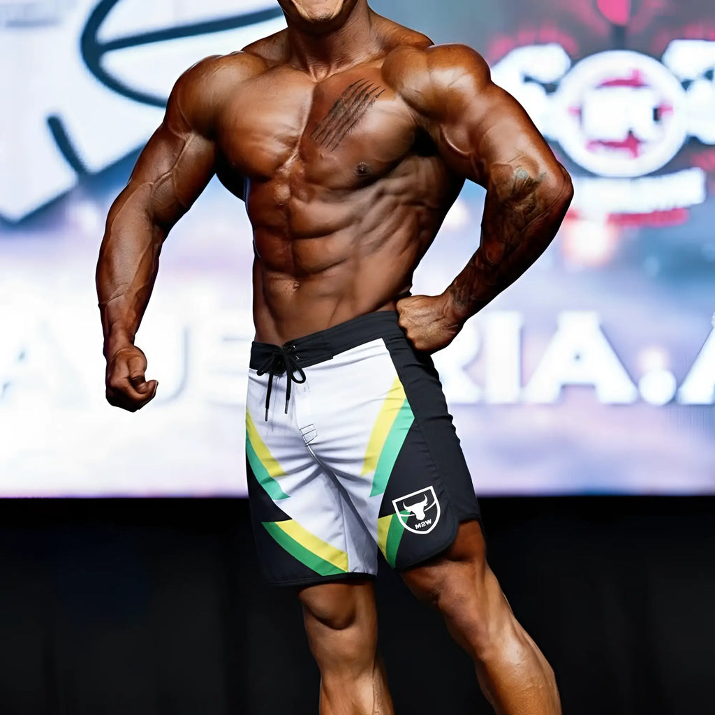 Metro malewear ifbb pro mens physique board shorts in black white and green with bold diagonal stripes and shield logo
