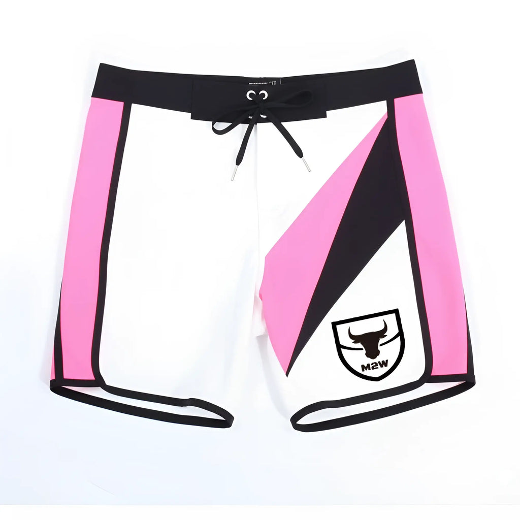 MetroMaleWear MetroMuscleWear IFBB Pro mens physique board shorts in pink and black geometric pattern with white panel and m2w logo