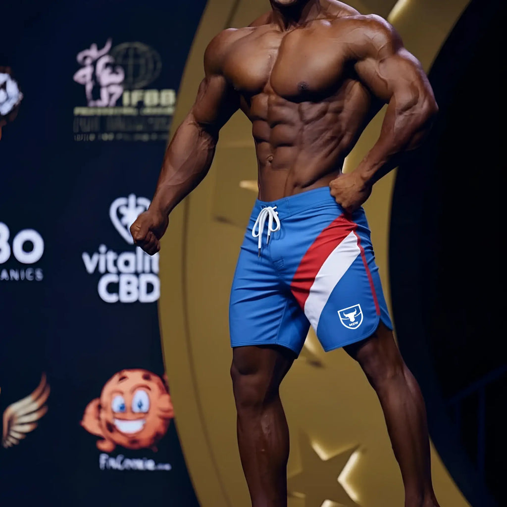 MetroMaleWear MetroMuscleWear IFBB Pro mens physique board short royal 4717-18 in blue red and white with drawstring and shield logo