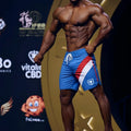 MetroMaleWear MetroMuscleWear IFBB Pro mens physique board short royal 4717-18 in blue red and white with drawstring and shield logo