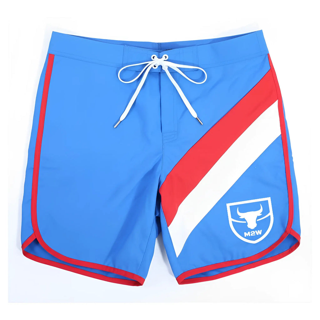 Blue swim trunks with red and white diagonal stripes, white drawstring waistband, and m2w logo patch on right leg