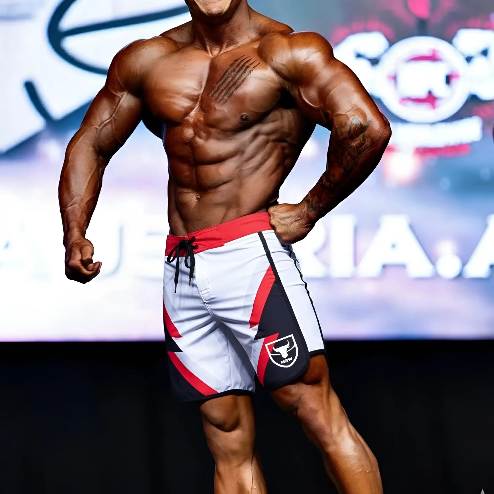 White and red MetroMaleWear IFBB Pro men’s physique board shorts with black accents and bull logo on the side