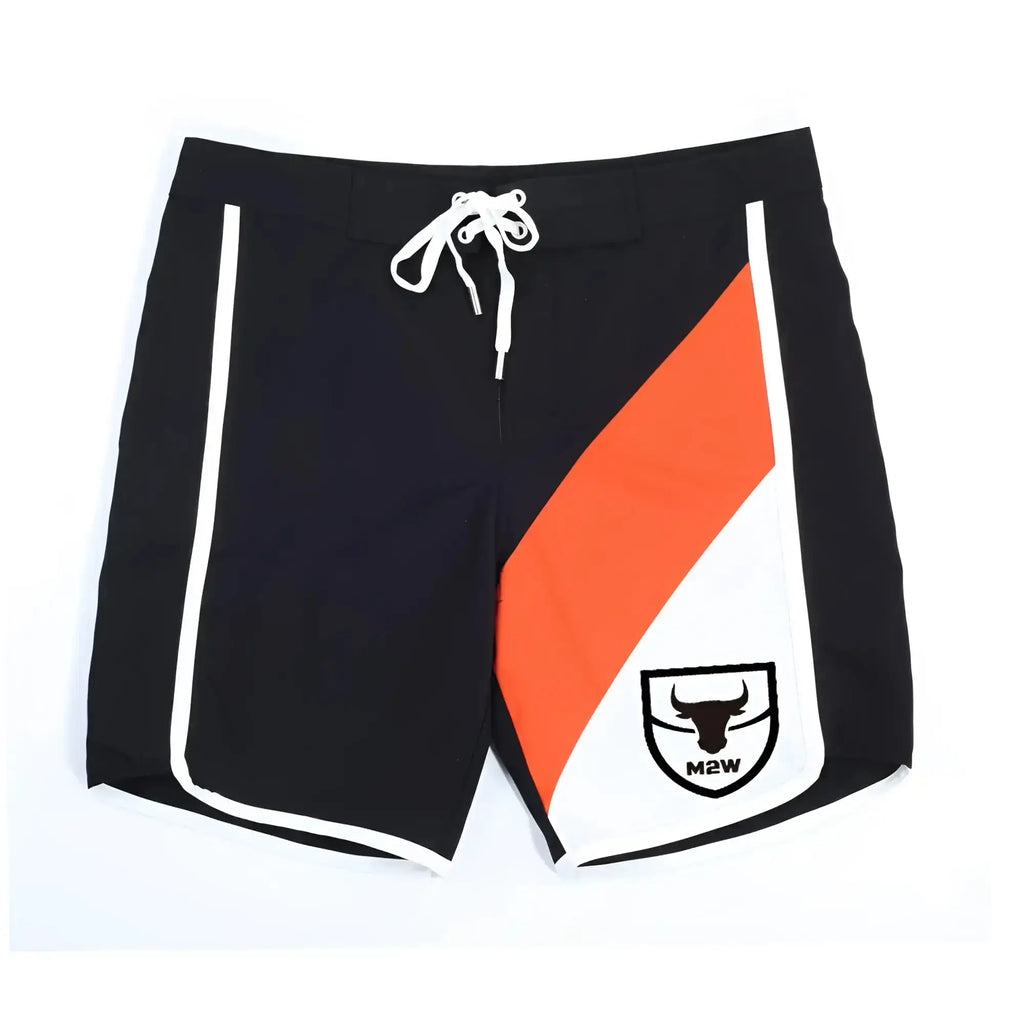 MetroMalewear metromusclewear ifbb pro mens physique black board shorts with bold orange white diagonal stripe and drawstring
