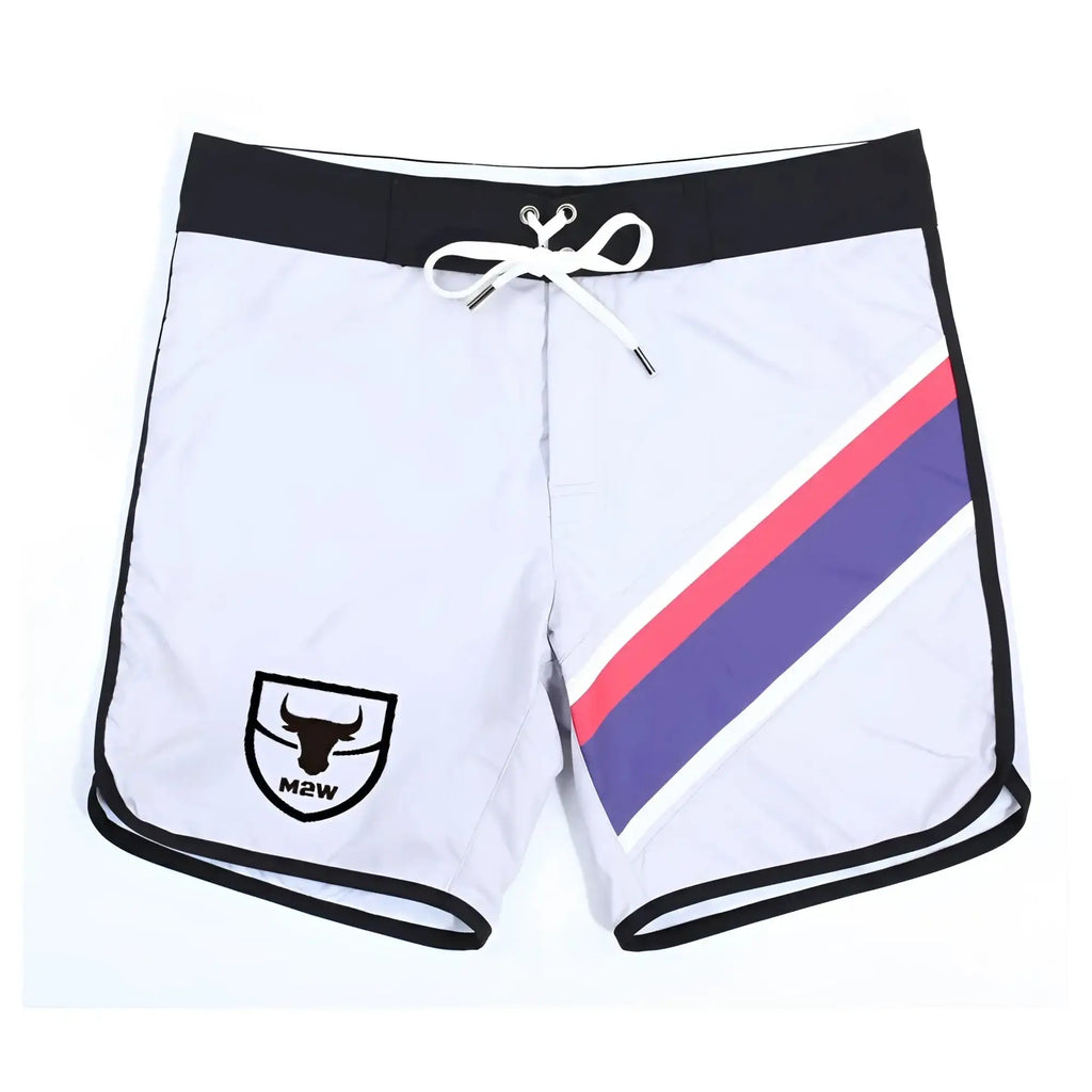 White board shorts with bold pink and purple diagonal stripe black trim and m2w logo metroMuscleWear ifbb pro style