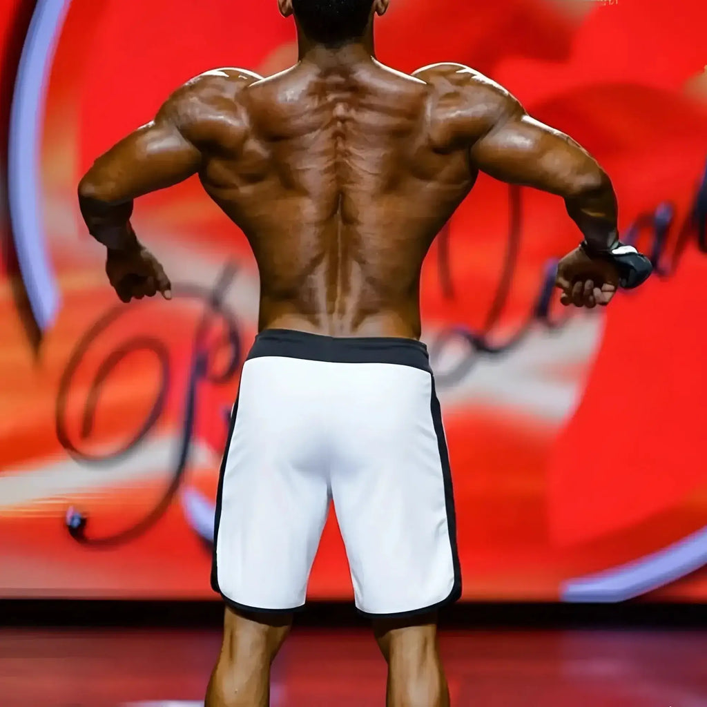 Back view of metro male wear metro muscle wear muscular mens physique board short pine 4717-71 in white with black trim