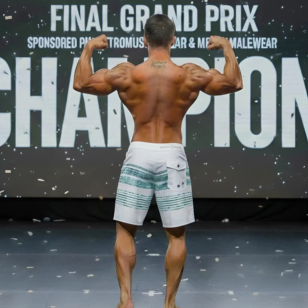 White board shorts with teal horizontal stripes and front pocket from MetroMaleWear MetroMuscleWear board short 4716-71