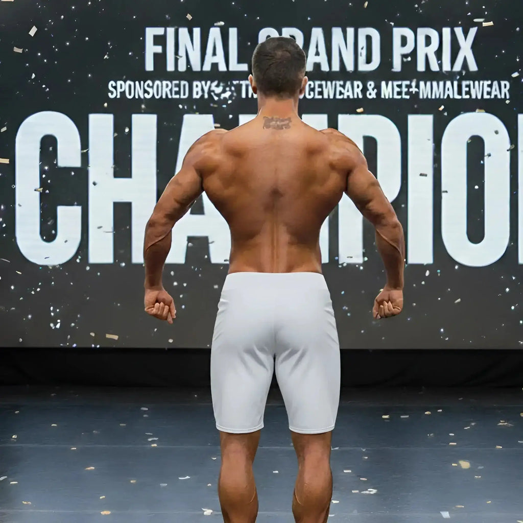 A muscular man shows the back side of metro male wear metro muscle wear insignia physique gray board short in white shorts