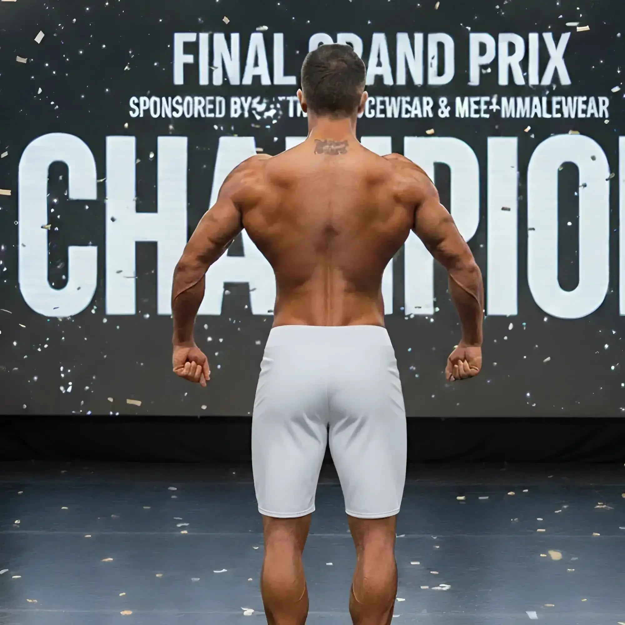 A muscular man shows the back side of metro male wear metro muscle wear insignia physique gray board short in white shorts