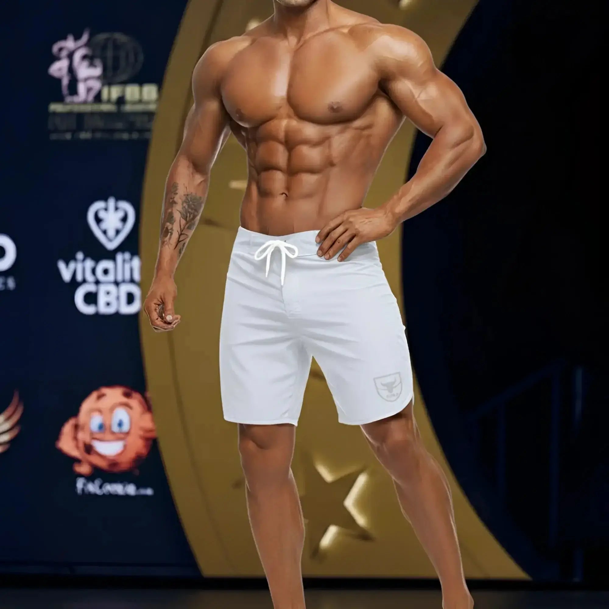 White metromalewear metromusclewear intenso physique board short with drawstring waistband and shield logo