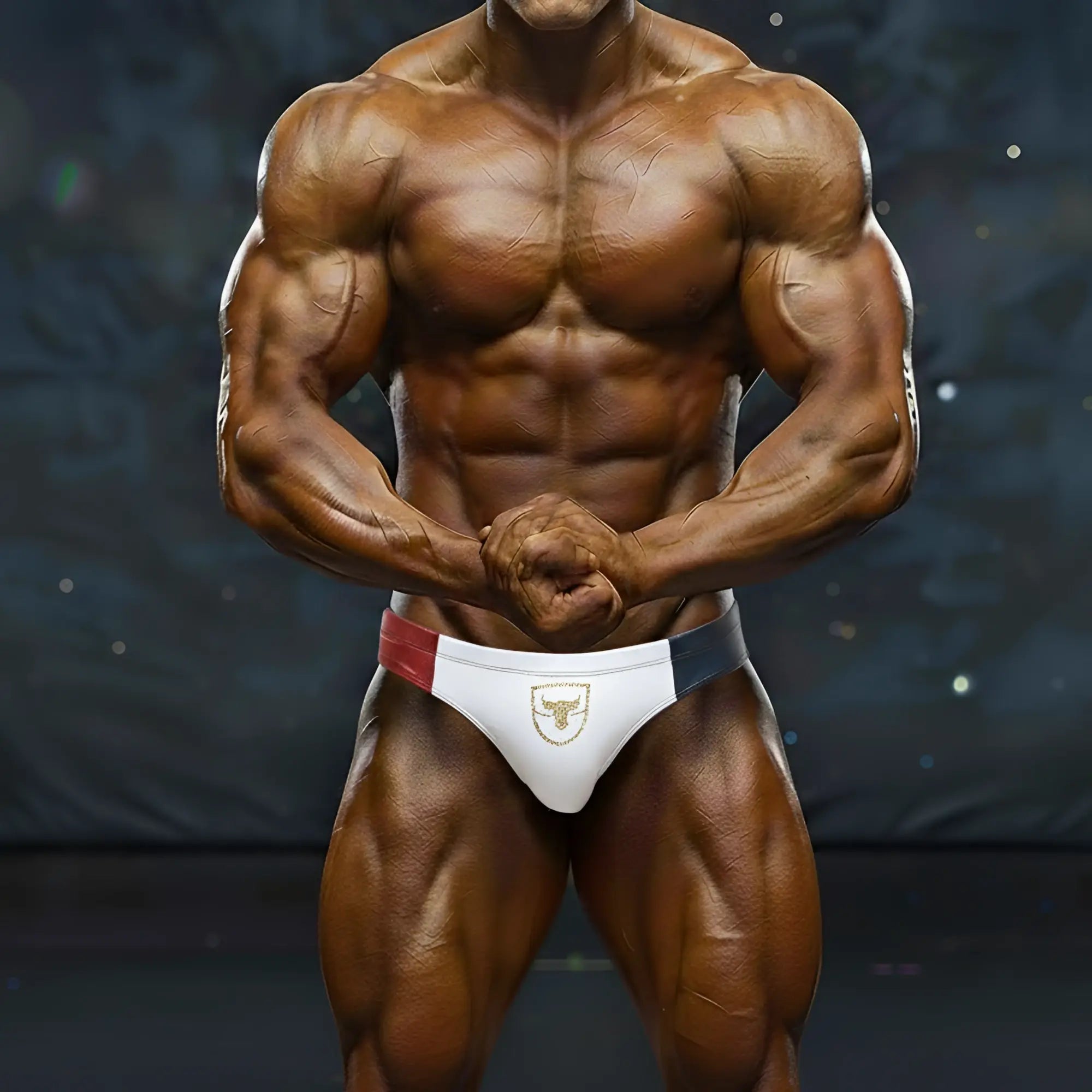 White briefs with red and navy side panels and a gold bull emblem from metromalewear julián competition suit 4974-13