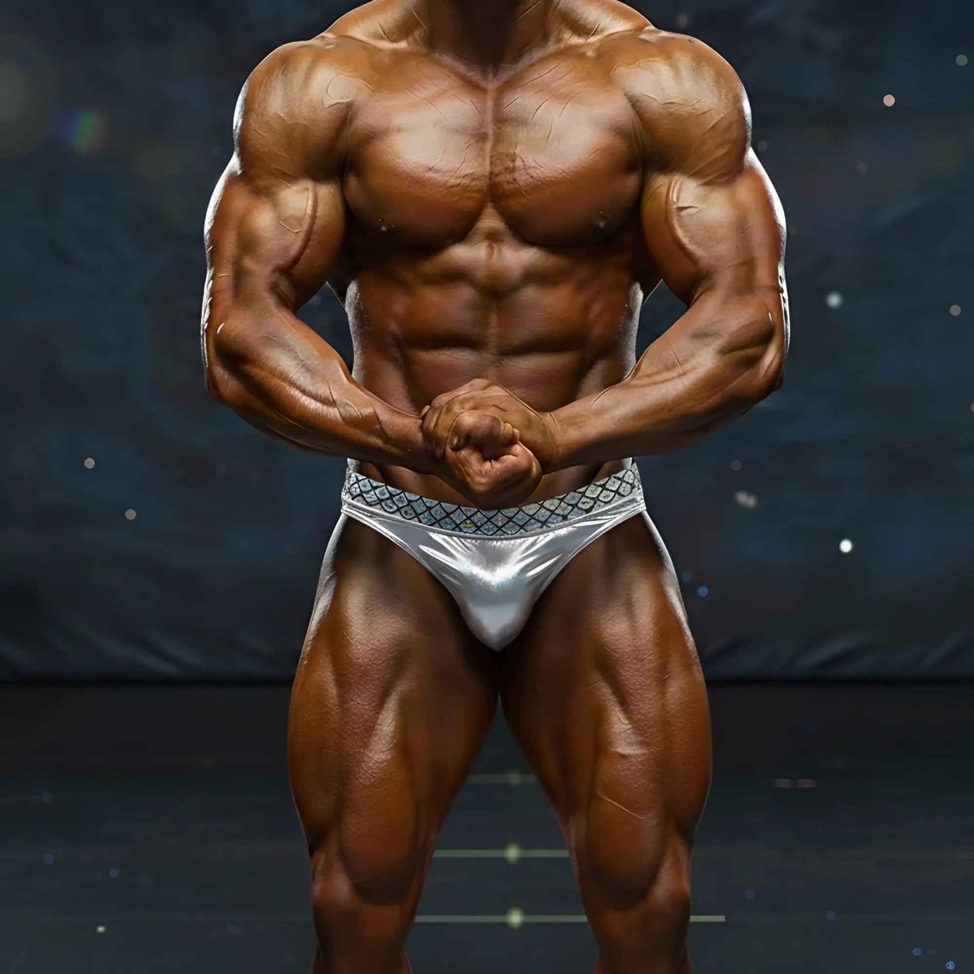 Shiny silver briefs with a patterned waistband from metromalewear metromusclewear jupiter competition suit 4974-89