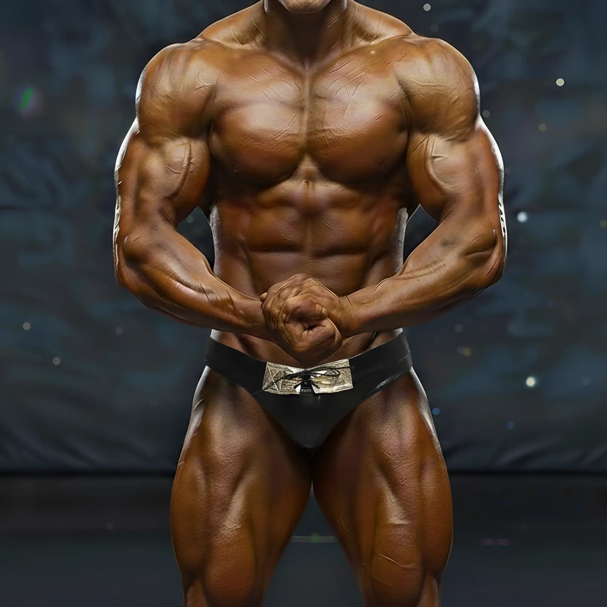 Black briefs from MetroMaleWear MetroMuscleWear Kai Competition Suit with a silver metallic belt buckle and intricate design