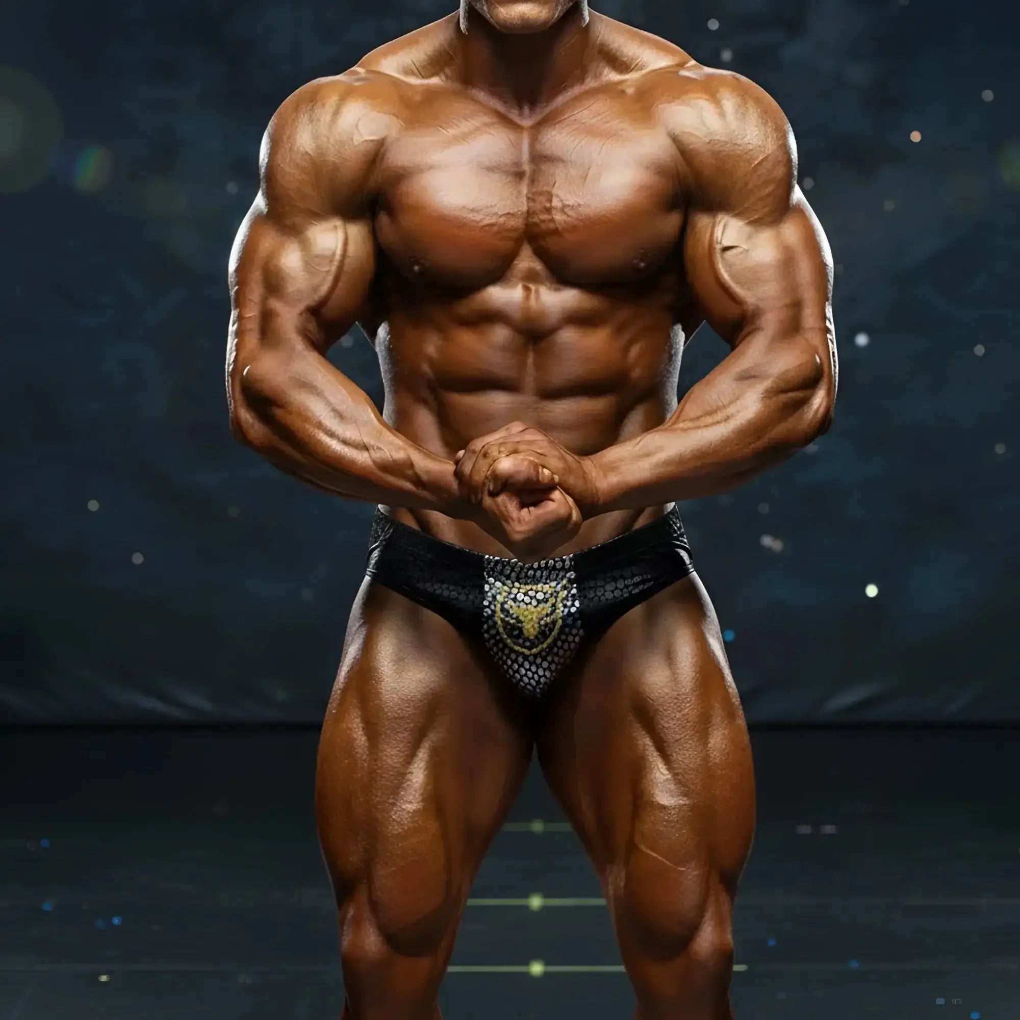 Black and gold patterned metro muscle wear liam competition suit briefs with textured mesh fabric for bodybuilding use