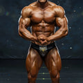Black and gold patterned metro muscle wear liam competition suit briefs with textured mesh fabric for bodybuilding use