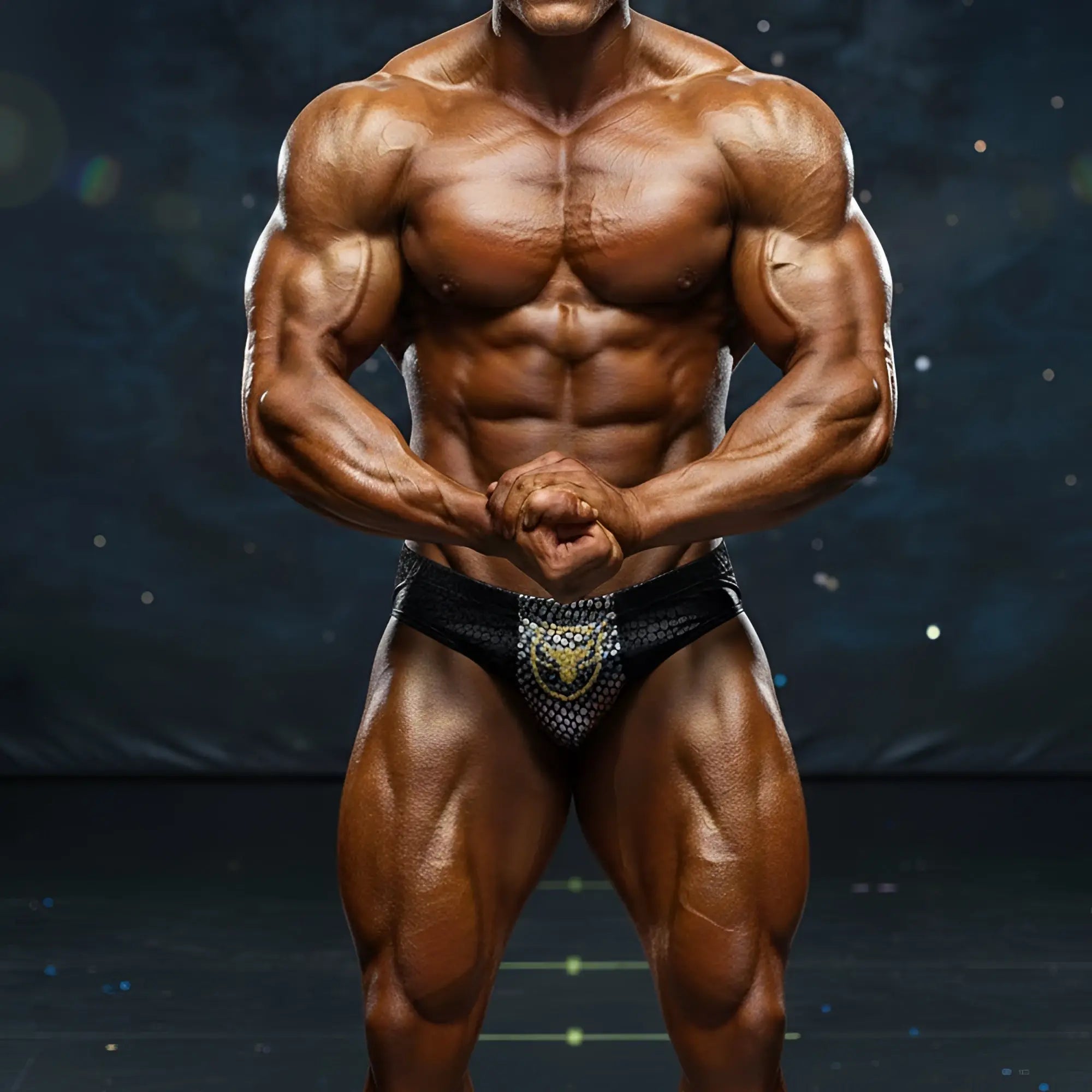 Black and gold patterned metro muscle wear liam competition suit briefs with textured mesh fabric for bodybuilding use