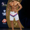 White athletic shorts with bold purple and pink v-shaped stripes white drawstrings and shield logo metro musclwear