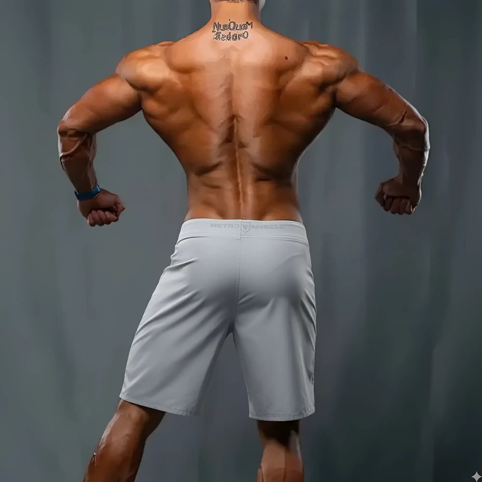 Light gray metroMuscleWear board shorts with subtle waistband logo comfortable for athletic wear