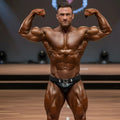 A muscular man with glossy tanned skin flexes arms wearing black leather briefs with silver buckle from MetroMaleWear