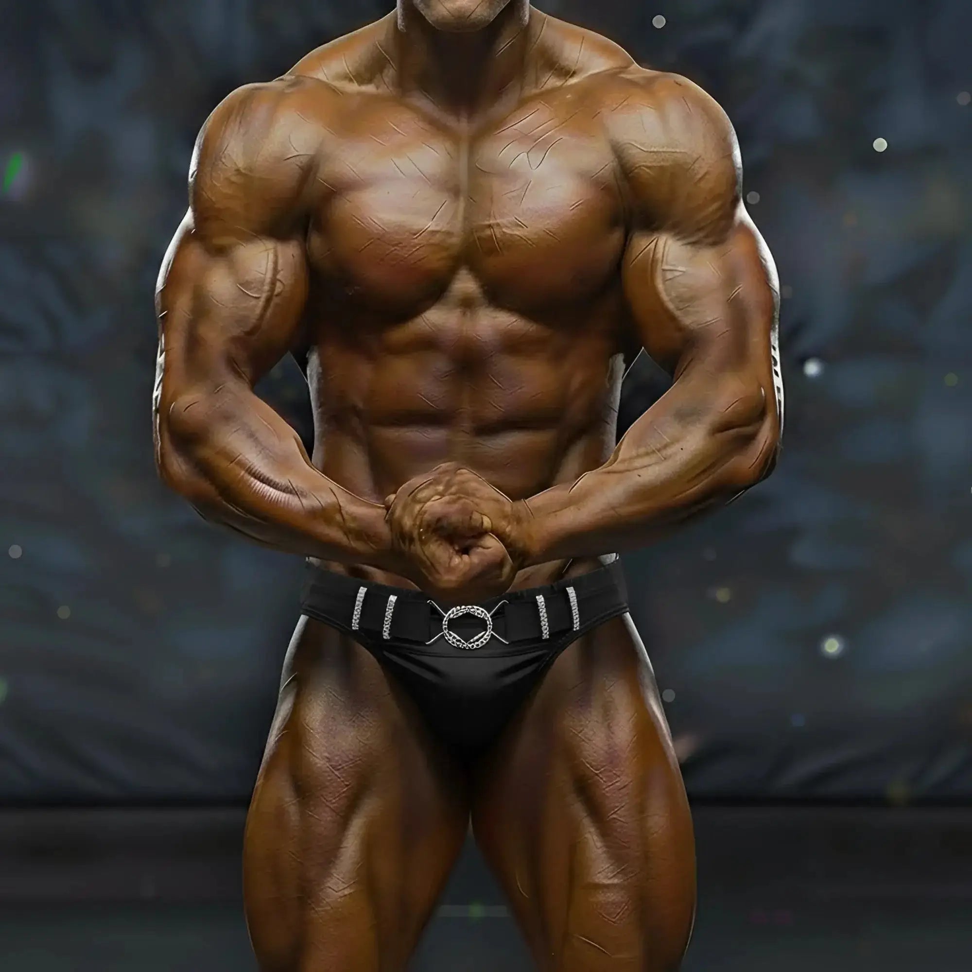 A muscular bodybuilder wearing black competition briefs with a silver white decorative belt from MetroMaleWear