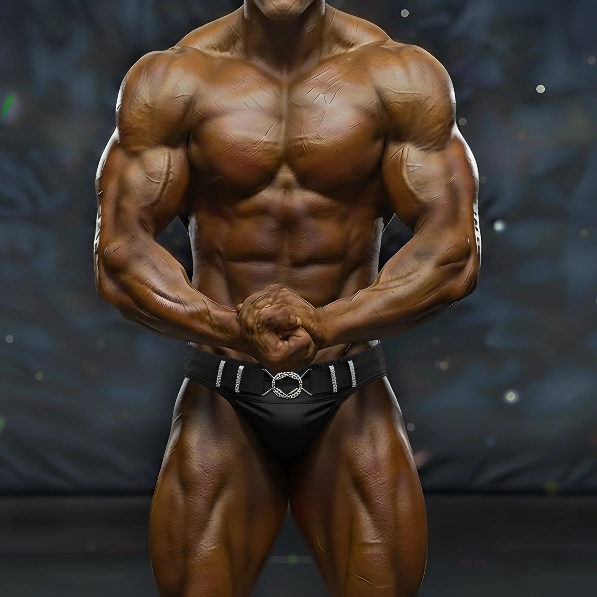 A muscular bodybuilder wearing black competition briefs with a silver white decorative belt from MetroMaleWear